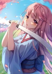 Rule 34 | 1girl, absurdres, artist name, baozishark, blue kimono, blue sky, blurry, blurry background, blush, cherry blossoms, crying, crying with eyes open, dated, day, floral print, grass, highres, holding, holding sword, holding weapon, japanese clothes, katana, kimono, long hair, long sleeves, looking at viewer, no headwear, obi, open mouth, petals, pink eyes, saigyouji yuyuko, saigyouji yuyuko (living), sash, signature, sky, smile, solo, sword, teardrop, tears, touhou, tree, very long hair, weapon, wide sleeves, wind