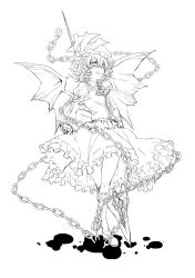 Rule 34 | 1girl, chain, dress, female focus, frills, greyscale, hat, licking lips, lineart, michiking, monochrome, polearm, remilia scarlet, short hair, solo, spear, spear the gungnir, tongue, tongue out, touhou, weapon, wings