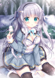 Rule 34 | 1girl, :o, bare tree, between legs, black hairband, blue bow, blue footwear, blue shirt, blue skirt, blush, boots, bow, breasts, brown thighhighs, cleavage, collared shirt, commentary request, fingernails, frilled thighhighs, frills, fur-trimmed boots, fur trim, green eyes, hair between eyes, hair bow, hairband, hand between legs, highres, juliet sleeves, kohinata hoshimi, long hair, long sleeves, looking at viewer, medium breasts, original, parted lips, puffy sleeves, shirt, silver hair, sitting, skirt, sleeves past wrists, snow, solo, striped, striped bow, thighhighs, tree, two side up, very long hair, wariza