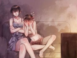 Rule 34 | 10s, 2girls, allenkung1, blush, breasts, casual, cleavage, closed eyes, couch, covering own eyes, crossed arms, crossed legs, dress, embarrassed, full-face blush, kill la kill, kiryuuin satsuki, large breasts, matoi ryuuko, medium breasts, midriff, multiple girls, navel, short shorts, shorts, siblings, sisters, sitting, tank top, television