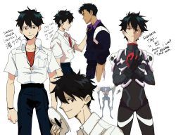 Rule 34 | 2boys, adapted costume, alternate universe, arrow (symbol), bad id, bad twitter id, black hair, black pants, blouse, bracelet, character sheet, commentary, english commentary, english text, hand on another&#039;s shoulder, highres, jewelry, kendy (revolocities), male focus, mask, multiple boys, necklace, neon genesis evangelion, pants, personification, pilot suit, plugsuit, red eyes, reference photo, sachiel (evangelion), school uniform, shirt, shirt tucked in, simple background, sleeves pushed up, suzuhara touji, tan, tokyo-3 middle school uniform, track suit, white background, white shirt