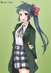 Rule 34 | 1girl, alternate costume, anti (untea9), arms behind back, bow, coat, commentary request, cowboy shot, gradient background, green background, green coat, green eyes, green hair, green ribbon, hair bow, highres, irako (kancolle), kantai collection, long hair, looking at viewer, neck ribbon, open mouth, plaid, plaid skirt, ponytail, red bow, ribbon, shirt, skirt, solo, standing, twitter username, white shirt
