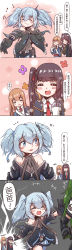 Rule 34 | 4girls, 4koma, = =, a bao, absurdres, blue hair, blush, blush stickers, brown hair, chinese text, closed mouth, comic, commentary request, closed eyes, girls&#039; frontline, green hair, highres, springfield (girls&#039; frontline), m950a (girls&#039; frontline), multiple girls, pa-15 (girls&#039; frontline), purple hair, spit take, spitting, surprised, translation request, wa2000 (girls&#039; frontline)