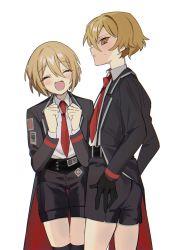 Rule 34 | 1boy, 1girl, black gloves, black jacket, black legwear, blonde hair, blush, don quixote (project moon), closed eyes, formal, gloves, highres, jacket, limbus company, mu46016419, necktie, open mouth, project moon, red necktie, shirt, short hair, shorts, sinclair (project moon), sweatdrop, thighs, white background