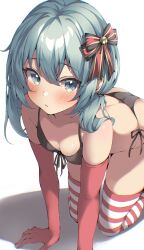 Rule 34 | 1girl, absent, absurdres, all fours, aqua hair, ass, bikini, black bikini, black ribbon, blue eyes, breasts, cleavage, commentary request, elbow gloves, gloves, hair between eyes, hair ribbon, highres, looking at viewer, medium breasts, medium hair, original, red gloves, red ribbon, red thighhighs, ribbon, side-tie bikini bottom, simple background, solo, striped clothes, striped thighhighs, swimsuit, thighhighs, two-tone ribbon, white background