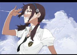 Rule 34 | 00s, 1girl, breasts, brown hair, cloud, day, evangelion: 2.0 you can (not) advance, female focus, glasses, grin, letterboxed, makinami mari illustrious, mura (kanojo no oukoku), necktie, neon genesis evangelion, opaque glasses, outdoors, rebuild of evangelion, school uniform, shading eyes, sky, smile, solo