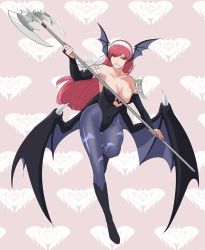 Rule 34 | 1girl, animal print, axe, bat print, bat wings, breasts, bridal gauntlets, cherche (fire emblem), cleavage, clothing cutout, collarbone, cosplay, covered navel, fire emblem, fire emblem awakening, grin, head wings, heart, heart background, heart cutout, holding, holding weapon, large breasts, leotard, long hair, low wings, maid headdress, morrigan aensland, morrigan aensland (cosplay), nintendo, pantyhose, pink hair, print pantyhose, purple pantyhose, purple wings, red eyes, sinccubi, smile, solo, strapless, vampire (game), weapon, wings