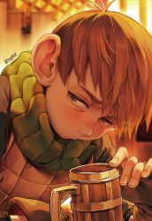 Rule 34 | 1boy, blurry, blurry background, blush, brown eyes, brown gloves, brown hair, brown vest, chilchuck tims, cup, dungeon meshi, fingerless gloves, gloves, highres, indoors, looking at viewer, mug, ruoliang, scarf, solo, vest