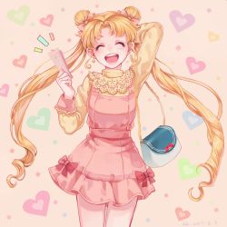 Rule 34 | +1 (yakusoku0722), 1girl, 2017, arm behind head, arm up, bag, bishoujo senshi sailor moon, bow, contemporary, cowboy shot, dated, double bun, dress, earrings, closed eyes, heart, heart background, highres, jewelry, lace, laughing, long hair, long sleeves, open mouth, pink dress, red bow, short dress, simple background, solo, teeth, tickets, tsukino usagi, twintails, very long hair