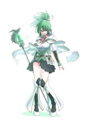 Rule 34 | 1girl, breasts, capelet, duel monster, full body, green eyes, green hair, green ribbon, hair between eyes, hair ribbon, highres, kneehighs, large breasts, looking at viewer, open mouth, pleated skirt, ponytail, ribbon, sengenjin31, sidelocks, skirt, sleeves past wrists, socks, solo, staff, thigh strap, wynn (yu-gi-oh!), wynn the wind channeler, wynn the wind charmer, yu-gi-oh!