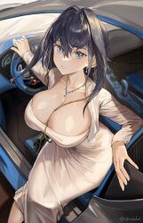Rule 34 | 1girl, absurdres, bag, black hair, blue eyes, breasts, car, cardigan, cleavage, dress, earrings, handbag, highres, hololive, hololive english, huge breasts, jewelry, large breasts, looking at viewer, motor vehicle, necklace, ouro kronii, parted lips, santafe99, sitting, solo, steering wheel, virtual youtuber, white dress