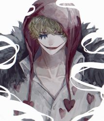 Rule 34 | 1boy, black fur, blonde hair, coat, coat on shoulders, donquixote rocinante, fur coat, heart, heart print, highres, hood, lipstick, looking at viewer, makeup, male focus, muted color, one piece, pale skin, parted lips, red eyes, red headwear, red hood, rei su, shirt, short hair, smoke, solo, twitter username, white background