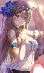 Rule 34 | 1girl, absurdres, arabian clothes, armlet, bare shoulders, blue flower, blurry, blurry background, breasts, choker, cleavage, commentary request, earrings, eyes visible through hair, flower, glint, hair flower, hair ornament, hair over one eye, highres, honkai (series), honkai impact 3rd, jewelry, large breasts, light brown hair, long hair, looking at viewer, mole, mole under eye, navel, red eyes, rita rossweisse, smile, solo, takeawatch, veil, very long hair