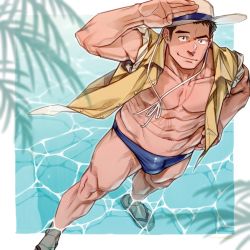Rule 34 | 1boy, abs, bara, bare pectorals, black hair, blue male swimwear, blue swim briefs, bulge, closed mouth, flip-flops, from above, hand on own hip, hat, hima (nichikan), large pectorals, male focus, male swimwear, muscular, muscular male, navel, nipples, open clothes, open shirt, original, pectorals, sandals, shirt, short hair, smile, solo, swim briefs, swimsuit, water, yellow shirt
