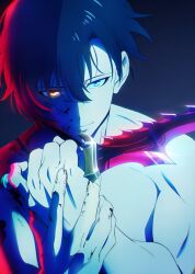 Rule 34 | 1boy, black background, black hair, blood on hands, blue eyes, closed mouth, hands up, highres, knife, long hair, looking at viewer, red eyes, serious, shirt, solo, solo leveling, sung jin-woo, white shirt