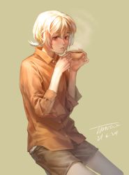 Rule 34 | 1boy, absurdres, black shorts, blush, brown shirt, collared shirt, cowboy shot, cup, dated, dress shirt, drink, fumetsu no anata e, fushi, hands up, highres, holding, holding cup, invisible chair, long sleeves, looking afar, male focus, ponytail, red eyes, shirt, shorts, signature, simple background, sitting, solo, steam, tangx, white hair