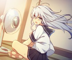 Rule 34 | 1girl, :o, bad id, bad pixiv id, barefoot, black sailor collar, black skirt, blush, commentary request, crossed legs, dutch angle, electric fan, grey eyes, hair between eyes, hibiki (kancolle), highres, indoors, kantai collection, long hair, looking at viewer, looking to the side, motion blur, open mouth, pleated skirt, sailor collar, shinopoko, shirt, short sleeves, silver hair, sitting, skirt, soles, solo, sweat, verniy (kancolle), very long hair, white shirt