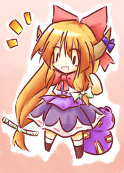 Rule 34 | 1girl, ^^^, asymmetrical hair, bad id, bad pixiv id, blush stickers, bow, chibi, dress, fang, female focus, gourd, hair bow, horn ornament, horn ribbon, horns, ibuki suika, open mouth, orange hair, red bow, ribbon, solo, tilde (ice cube), touhou, twintails