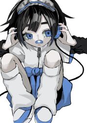 Rule 34 | 1girl, bandaid, bandaid on face, bandaid on nose, black hair, black nails, black shirt, black shorts, blue eyes, blue footwear, breasts, closed mouth, clothes around waist, commentary, hands on headphones, hands up, headphones, highres, jacket, kneehighs, knees apart feet together, knees up, layered sleeves, long sleeves, looking at viewer, loose socks, nail polish, original, shirt, shoes, short hair, short over long sleeves, short sleeves, shorts, simple background, sitting, small breasts, socks, solo, stitches, symbol-only commentary, urokogaran, white background, white jacket, white socks, zipper, zipper pull tab