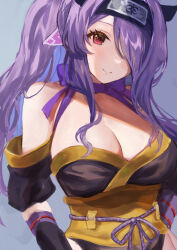 Rule 34 | 1girl, absurdres, bare shoulders, breasts, camilla (fire emblem), camilla (ninja) (fire emblem), cleavage, detached sleeves, fire emblem, fire emblem fates, fire emblem heroes, forehead protector, hair over one eye, highres, japanese clothes, jurge, large breasts, long hair, looking at viewer, ninja, nintendo, official alternate costume, official alternate hairstyle, ponytail, red eyes, smile, solo, upper body