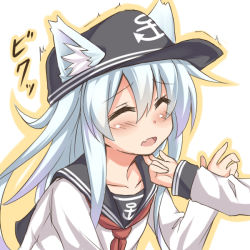 Rule 34 | 10s, 1girl, ^^^, ^ ^, animal ears, bad id, bad pixiv id, cat ears, closed eyes, hand on another&#039;s chin, hat, hibiki (kancolle), kantai collection, kemonomimi mode, long hair, musouduki, neckerchief, open mouth, personification, school uniform, serafuku, silver hair, solo focus, stroking another&#039;s chin, upper body
