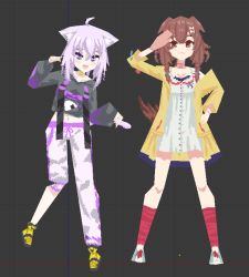Rule 34 | 2girls, 3d, :3, animal ears, animal hands, animated, black hoodie, breasts, cat ears, cat paws, chained tan, commentary, cropped hoodie, dog ears, dog girl, dog tail, dress, english commentary, hololive, hood, hoodie, inugami korone, inugami korone (1st costume), looking to the side, low poly, medium breasts, multiple girls, navel, nekomata okayu, nekomata okayu (1st costume), pants, purple eyes, purple hair, salute, short hair, smile, sweater, tail, virtual youtuber, white dress, white pants, yellow sweater