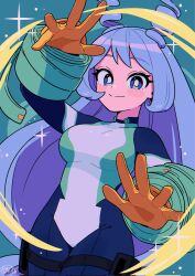 Rule 34 | 1girl, antenna hair, blue background, blue eyes, blue hair, boku no hero academia, breasts, collarbone, gloves, groin, hadou nejire, highres, large breasts, long hair, looking at viewer, sanekome, signature, simple background, solo, sparkle background, tight clothes, very long hair, yellow gloves