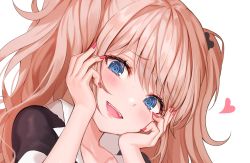 Rule 34 | 1girl, bad id, bad twitter id, bear hair ornament, blue eyes, blush, breasts, brown hair, cleavage, danganronpa (series), enoshima junko, female focus, hair ornament, hands on own face, heart, highres, large breasts, long hair, looking at viewer, nail polish, open mouth, red nails, smile, solo, spoilers, tokkyu, twintails, upper body
