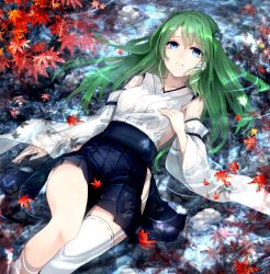 Rule 34 | 1girl, autumn leaves, bare shoulders, blue eyes, blue skirt, breasts, collarbone, commentary request, detached sleeves, female focus, frog hair ornament, green hair, hair ornament, hair tubes, hakama, hakama short skirt, hakama skirt, hip vent, japanese clothes, kochiya sanae, long hair, long sleeves, looking at viewer, lying, medium breasts, nekohashi, revision, single thighhigh, skirt, snake hair ornament, solo, thighhighs, thighs, touhou, water, white thighhighs, wide sleeves