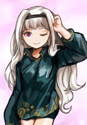 Rule 34 | 1girl, arm up, black hairband, black shorts, buchi0122, closed mouth, commentary request, cowboy shot, green sweater, grey hair, hair intakes, hairband, hand in own hair, highres, idolmaster, long hair, long sleeves, one eye closed, pink background, purple eyes, shijou takane, short shorts, shorts, smile, solo, sweater