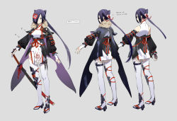 Rule 34 | 1girl, armor, bare shoulders, black ribbon, bridal gauntlets, caravan stories, character sheet, closed mouth, commentary request, detached sleeves, gloves, grey background, hair over one eye, high heels, holding, holding sword, holding weapon, japanese armor, katana, kusazuri, long sleeves, multiple views, official art, one eye covered, pelvic curtain, ponytail, purple eyes, purple hair, ribbon, scabbard, sheath, simple background, smile, standing, sword, thighhighs, translation request, weapon, white gloves, white thighhighs, yamakawa