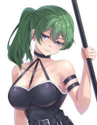 Rule 34 | 1girl, arm strap, bare shoulders, belt, black belt, black choker, breasts, choker, cleavage, closed mouth, collarbone, green hair, hair between eyes, high side ponytail, highres, holding, holding staff, large breasts, looking at viewer, purple eyes, simple background, smile, solo, sousou no frieren, staff, ubel (sousou no frieren), upper body, uyufuzi s, white background