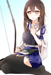 Rule 34 | 10s, 1girl, alternate hairstyle, archery, bad id, bad pixiv id, black thighhighs, blush, bow (weapon), breasts, brown eyes, brown hair, feet, highres, japanese clothes, kaga (kancolle), kantai collection, kyuudou, long hair, muneate, oouso, open mouth, personification, short hair, side ponytail, sitting, skirt, solo, sweat, thighhighs, wariza, weapon