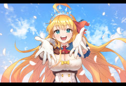 Rule 34 | 1girl, absurdres, ahoge, aqua eyes, arikacoco, armor, blonde hair, blue sky, blush, bow, breasts, cloud, eyes visible through hair, frills, gloves, highres, letterboxed, long hair, looking at viewer, open mouth, pauldrons, pecorine (princess connect!), petals, princess connect!, shoulder armor, sky, smile, solo, teeth, tiara, tongue, twitter username, white gloves, yellow bow