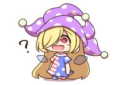 Rule 34 | 1girl, ?, alternate hairstyle, american flag dress, american flag legwear, blonde hair, blush stickers, clownpiece, commentary request, fairy wings, hair over one eye, hat, highres, jester cap, long hair, open mouth, polka dot headwear, red eyes, shitacemayo, smile, solo, touhou, very long hair, wings