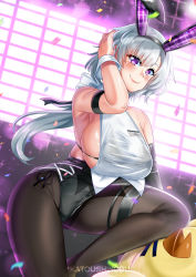 Rule 34 | 1girl, animal ears, armpits, azur lane, bare shoulders, bird, black bra, black hairband, black neckwear, black pantyhose, black ribbon, blush, bow, bowtie, bra, breasts, chick, collarbone, collared shirt, covered navel, crop top, earrings, elbow gloves, fake animal ears, gloves, grey hair, groin, hair between eyes, hair ribbon, hairband, hand up, highres, id card, jewelry, katou shinobu, large breasts, leotard, leotard under clothes, looking at viewer, low ponytail, manjuu (azur lane), metal gloves, necktie, official alternate costume, one eye closed, pantyhose, parted hair, playboy bunny, purple eyes, rabbit ears, reno (azur lane), reno (reno bunnino) (azur lane), ribbon, see-through, see-through shirt, shirt, sideboob, sidelocks, single elbow glove, sleeveless, sleeveless shirt, smile, solo, stud earrings, thigh strap, underwear, white neckwear, white shirt, wrist cuffs