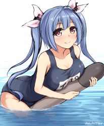Rule 34 | 10s, 1girl, bare shoulders, blue hair, blush, breasts, don (29219), female focus, hair ornament, hair ribbon, hug, i-19 (kancolle), kantai collection, large breasts, long hair, looking at viewer, name tag, hugging object, one-piece swimsuit, partially underwater, red eyes, ribbon, school swimsuit, smile, solo, star-shaped pupils, star (symbol), swimsuit, symbol-shaped pupils, torpedo, twintails, twitter username, wading, water