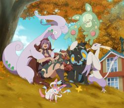 Rule 34 | 1girl, animal, animal on lap, autumn, bare shoulders, black footwear, blue sky, boots, brown hair, building, cloud, creatures (company), danzilla, dark skin, day, from below, game freak, gen 2 pokemon, gen 4 pokemon, gen 5 pokemon, gen 6 pokemon, goodra, jewelry, knee boots, lipstick, long hair, luxray, makeup, mienshao, multicolored hair, necklace, nintendo, on lap, one eye closed, outdoors, poke ball, pokemon, pokemon (creature), purple hair, reuniclus, shorts, sitting, sky, slime (substance), sylveon, tree, umbreon, very long hair