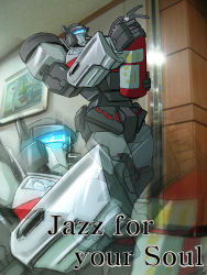 Rule 34 | autobot, commentary, cosmikaizer, english commentary, english text, fire extinguisher, headlight, highres, holding, jazz (transformers), leaning back, macro, mecha, meme, name connection, no humans, parody, photo background, projected inset, robot, standing, transformers, visor, what, wheel