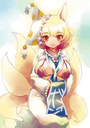 Rule 34 | 1girl, animal ears, blonde hair, bra, breasts, breasts out, clothes lift, female focus, fox ears, fox tail, hands in opposite sleeves, hat, kneeling, large breasts, lingerie, lipes, lips, looking at viewer, multiple tails, open clothes, orange eyes, red eyes, shirt lift, short hair, simple background, smile, solo, tabard, tail, touhou, tsuutenkaaku, underwear, yakumo ran