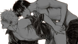 Rule 34 | 2boys, anal, bad id, bad pixiv id, blush, bottomless, doggystyle, gintama, greyscale, hijikata toushirou, male focus, male penetrated, monochrome, multiple boys, naughty face, open clothes, open mouth, open shirt, penis, sakata gintoki, sex, sex from behind, shirt, tkr (lovedelic99), topless male, uncensored, yaoi