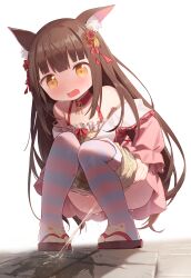 Rule 34 | 1girl, absurdres, animal ear fluff, animal ears, animal print, azur lane, bare shoulders, blue thighhighs, blunt bangs, blush, bow, bow camisole, breasts, brown hair, camisole, cat print, choker, cloneko (zelmeledf2), clothes pull, commission, commissioner upload, fox ears, fox girl, frilled camisole, frills, full body, fur-trimmed shorts, fur trim, hair ornament, halterneck, highres, jacket, long hair, long sleeves, nagato (azur lane), nagato (guardian fox&#039;s vacation) (azur lane), non-web source, open mouth, pee, pee stain, peeing, peeing self, pendant choker, pink jacket, pink thighhighs, puffy long sleeves, puffy sleeves, red bow, red choker, sandals, short shorts, shorts, shorts pull, skeb commission, small breasts, solo, spaghetti strap, squatting, stained clothes, strap slip, striped clothes, striped thighhighs, sweat, tabi, tearing up, thighhighs, very long hair, white background, yellow camisole, yellow eyes, yellow shorts, zouri