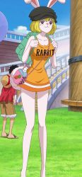 Rule 34 | 1girl, :3, absurdres, animal ears, blonde hair, breasts, carrot (one piece), curvy, furry, furry female, highres, large breasts, looking away, monkey d. luffy, one piece, rabbit ears, rabbit girl, screencap, short hair, sky, solo