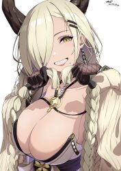 Rule 34 | 1girl, absurdres, azur lane, black gloves, blonde hair, braid, breasts, cleavage, dated, earrings, fishnets, gloves, grin, hair ornament, hair over one eye, hairclip, highres, holding, holding own hair, horns, jewelry, large breasts, lips, long hair, looking at viewer, low twin braids, mole, mole under mouth, open mouth, owari (azur lane), simple background, smile, solo, sunebu (snake boo2), twin braids, upper body, very long hair, white background, yellow eyes