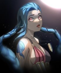 Rule 34 | 1girl, absurdres, alternate breast size, asymmetrical bangs, bare shoulders, belt, black background, blue hair, bra, braid, breasts, bullet, cleavage, cloud tattoo, collarbone, from side, gradient background, grey background, highres, jewelry, jinx (league of legends), large breasts, league of legends, long hair, looking at viewer, medium breasts, muhae (dcnh8882), necklace, open mouth, red eyes, shoulder tattoo, solo, tattoo, twin braids, underwear, upper body, white background