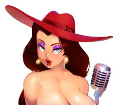 Rule 34 | 1girl, absurdres, bow, breasts, brown hair, cleavage, combos &amp; doodles, derivative work, donkey kong (series), earrings, eyelashes, eyeshadow, fedora, forehead, glint, gold earrings, half-closed eyes, hat, hat bow, hat ribbon, highres, jewelry, licking lips, lips, lipstick, long hair, lower teeth only, makeup, mario (series), microphone, naughty face, nintendo, nose, nostrils, nude, open mouth, pauline (mario), purple eyeshadow, red bow, red hat, red lips, red ribbon, ribbon, shiny skin, simple background, solo, super mario odyssey, teeth, tongue, tongue out, upper body, white background