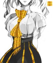 Rule 34 | 1girl, bow, breasts, drill hair, head out of frame, large breasts, monochrome, original, parted lips, patterned, plaid, pupps, short sleeves, simple background, solo, spot color, twintails, white background