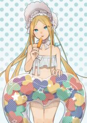 Rule 34 | 1girl, abigail williams (fate), abigail williams (swimsuit foreigner) (fate), abigail williams (swimsuit foreigner) (third ascension) (fate), absurdres, bare shoulders, bikini, blonde hair, blue eyes, bonnet, bow, fate/grand order, fate (series), feet out of frame, food, heart-shaped innertube, highres, holding, holding food, holding popsicle, innertube, kyojo128, long hair, looking at viewer, multicolored nails, nail art, nail polish, parted bangs, polka dot, polka dot background, popsicle, smile, solo, strapless, strapless bikini, swim ring, swimsuit, tongue, tongue out, very long hair, white bikini, white bow, white headwear