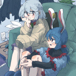 Rule 34 | 2girls, :/, :d, animal ears, bird wings, black shirt, blue dress, blue footwear, blue hair, blush, book, braid, cardigan, charger, commentary, couch, curtains, dress, grey hair, hair between eyes, hair ribbon, hand on own cheek, hand on own chin, hand on own face, jewelry, kishin sagume, legs folded, long sleeves, looking at viewer, medium hair, multiple girls, nintendo switch, on floor, open mouth, own hands together, pillow, plant, puffy short sleeves, puffy sleeves, purple skirt, rabbit ears, raised eyebrows, red eyes, ribbon, seiran (touhou), shirt, short hair, short sleeves, sidelocks, single wing, sitting, skirt, sleeves past fingers, sleeves past wrists, slippers, smile, touhou, turtleneck, warabe (be-san), window, wings