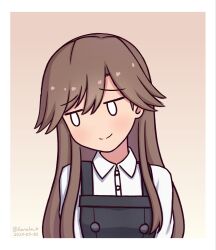 Rule 34 | 0 0, 1girl, arashio (kancolle), black dress, brown hair, collared shirt, commentary request, dress, dress shirt, facing viewer, gradient background, highres, kantai collection, konato k, long hair, pinafore dress, shirt, sideways glance, sleeveless, sleeveless dress, smile, solo, upper body, white shirt